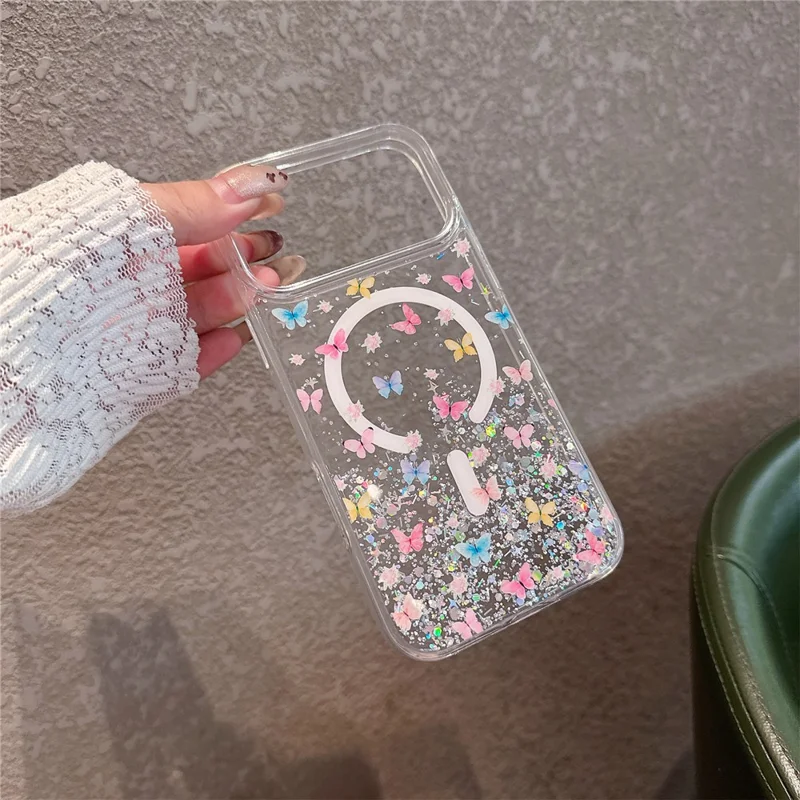 Coque magnétique pour iPhone 17 Pro Max, coque transparente en TPU résistante aux chocs avec époxy pailleté, compatible MagSafe - Papillon