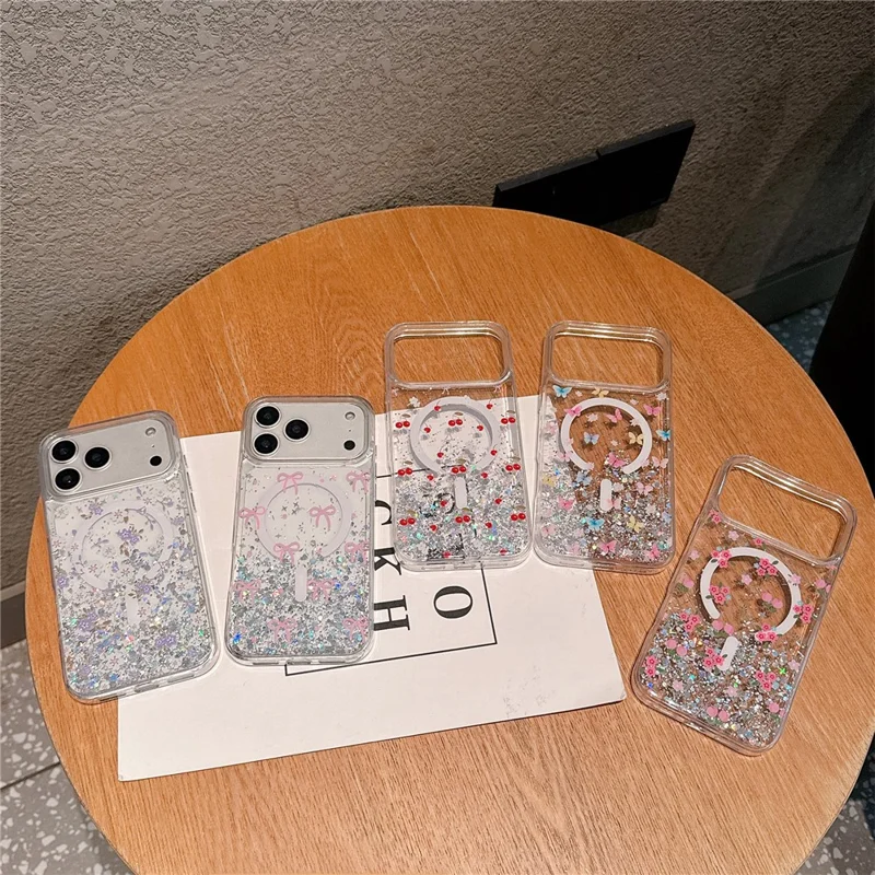Coque magnétique pour iPhone 17 Pro, coque transparente en TPU résistante aux chocs avec époxy pailleté, compatible MagSafe - Papillon