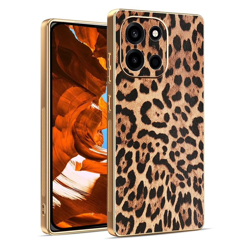 For OnePlus Turbo 6 5G Case PU Leather Coated PC + TPU Electroplating Phone Cover - Leopard Print
