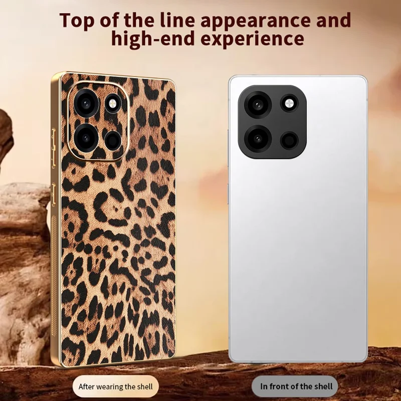 For OnePlus Turbo 6 5G Case PU Leather Coated PC + TPU Electroplating Phone Cover - Leopard Print