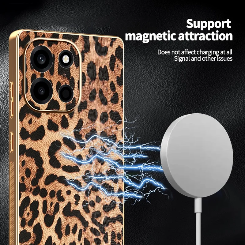 For OnePlus Turbo 6 5G Case PU Leather Coated PC + TPU Electroplating Phone Cover - Leopard Print