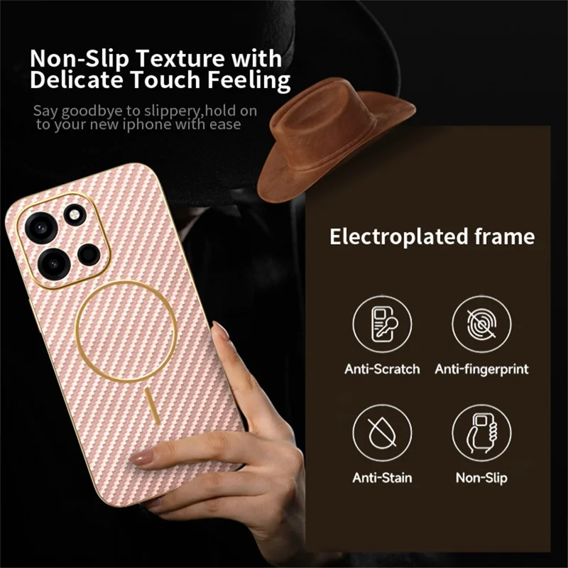For OnePlus Turbo 6 5G Case Carbon Fiber Textured Electroplated TPU Phone Back Cover - Pink