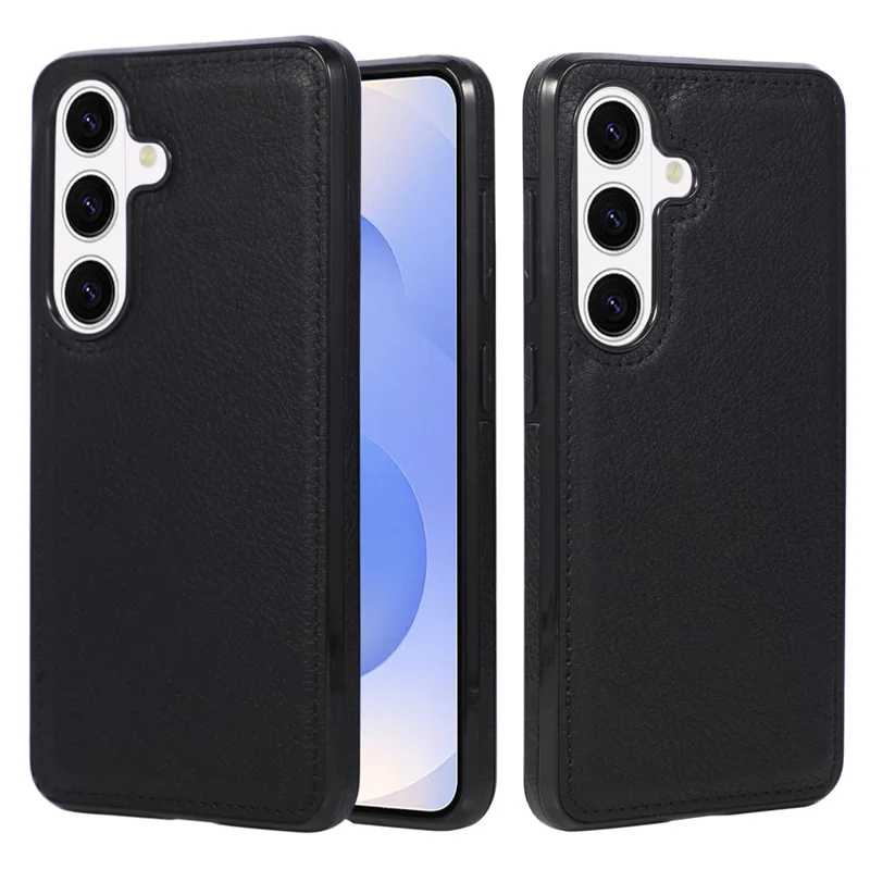 For Samsung Galaxy S26+ Case Logo View Litchi Texture PU Leather Coated PC + TPU Phone Cover - Black