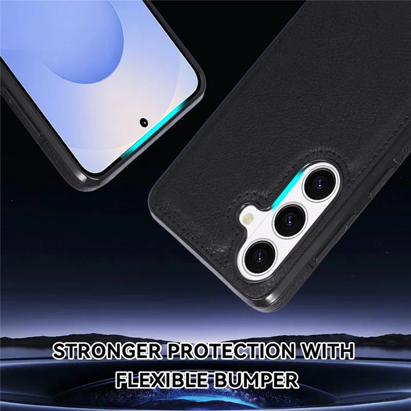 For Samsung Galaxy S26+ Case Logo View Litchi Texture PU Leather Coated PC + TPU Phone Cover - Black