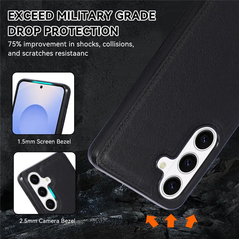 For Samsung Galaxy S26+ Case Logo View Litchi Texture PU Leather Coated PC + TPU Phone Cover - Black