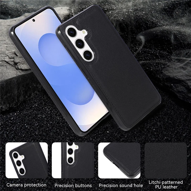 For Samsung Galaxy S26+ Case Logo View Litchi Texture PU Leather Coated PC + TPU Phone Cover - Black