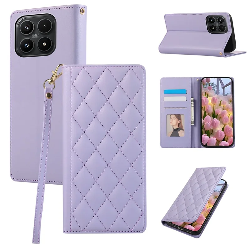 For Xiaomi 17 Case RFID Blocking Wallet Stand Rhombus Leather Phone Cover with Wrist Strap - Purple