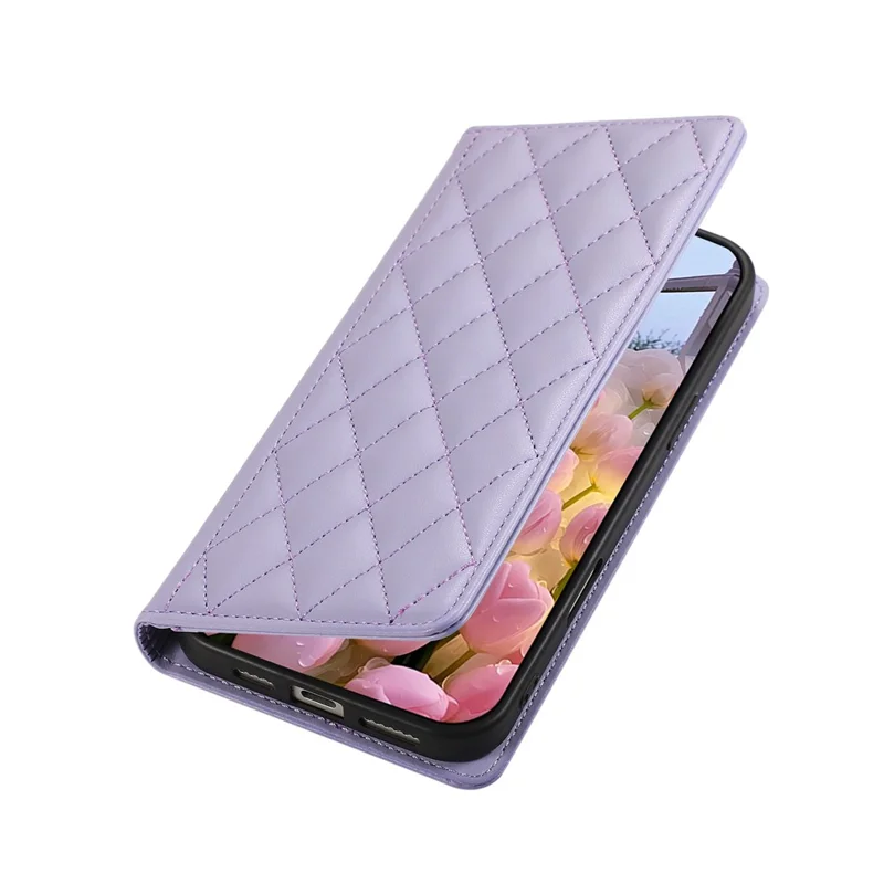 For Xiaomi 17 Case RFID Blocking Wallet Stand Rhombus Leather Phone Cover with Wrist Strap - Purple