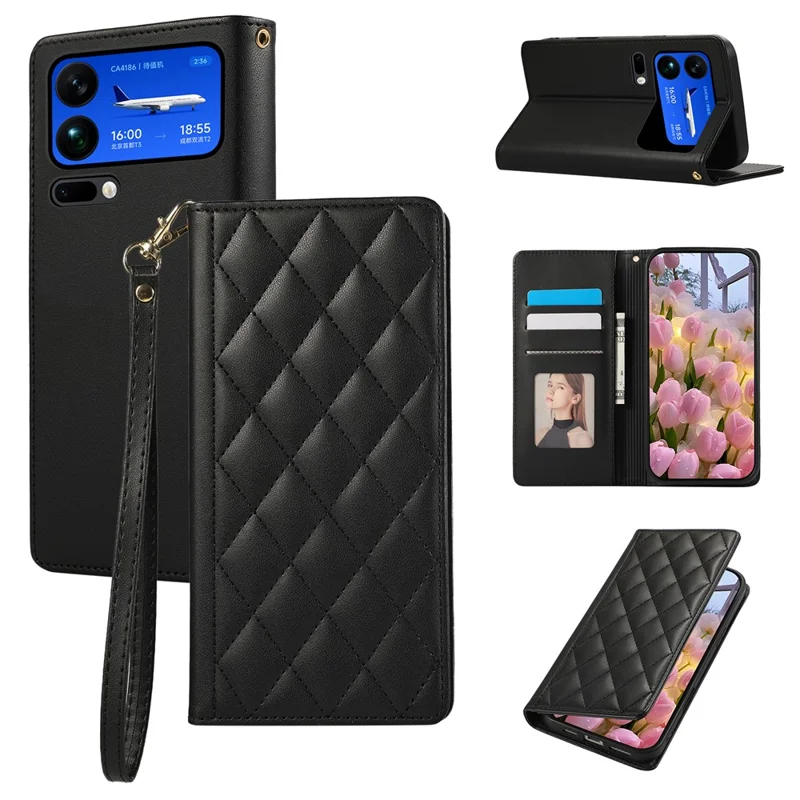 For Xiaomi 17 Pro Case RFID Blocking Wallet Stand Rhombus Leather Phone Cover with Wrist Strap - Black