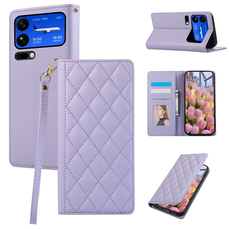 For Xiaomi 17 Pro Max Case RFID Blocking Wallet Stand Rhombus Leather Phone Cover with Wrist Strap - Purple
