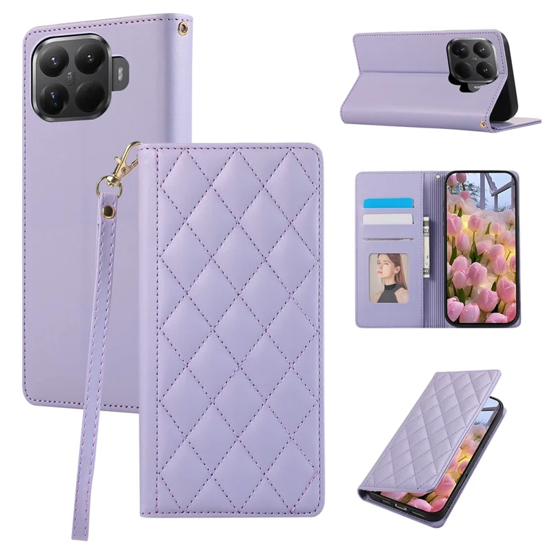 For Xiaomi 15T Pro Case RFID Blocking Wallet Stand Rhombus Leather Phone Cover with Wrist Strap - Purple