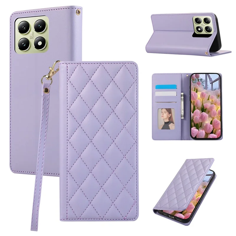 For Xiaomi 15T Case RFID Blocking Wallet Stand Rhombus Leather Phone Cover with Wrist Strap - Purple