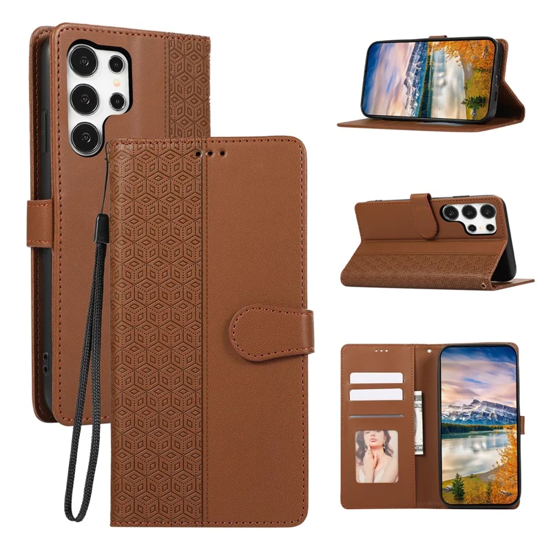 For Samsung Galaxy S26 Ultra Case Splicing Imprinted Rhombus Leather Phone Cover with Wrist Strap - Brown