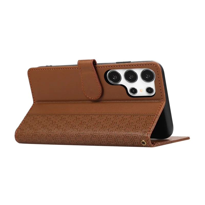 For Samsung Galaxy S26 Ultra Case Splicing Imprinted Rhombus Leather Phone Cover with Wrist Strap - Brown