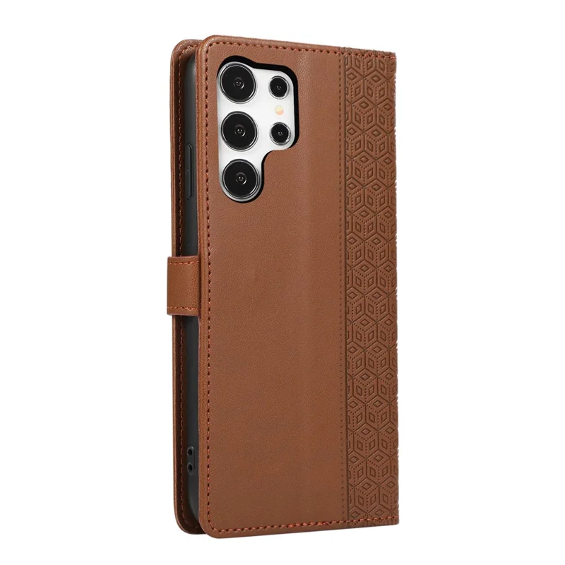 For Samsung Galaxy S26 Ultra Case Splicing Imprinted Rhombus Leather Phone Cover with Wrist Strap - Brown