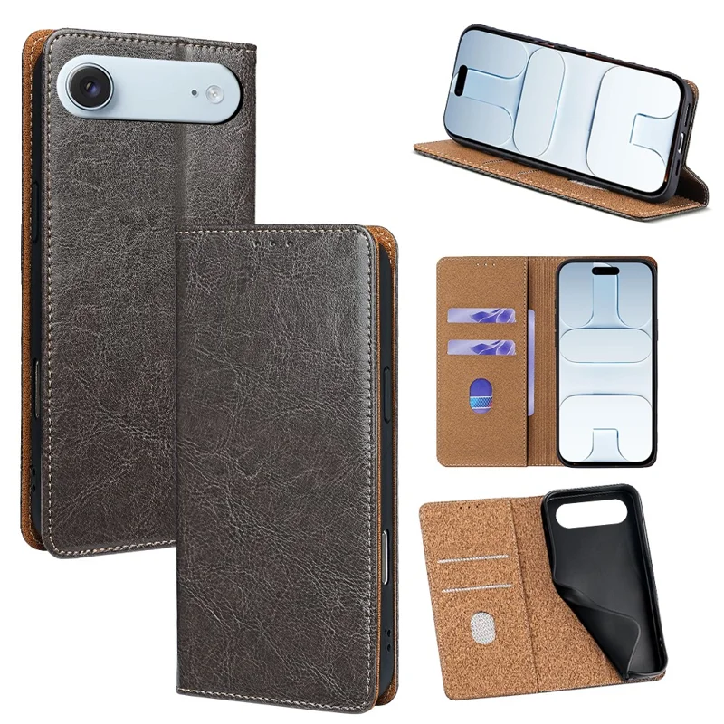 Funda para iPhone Air de cuero auténtico de vaca con soporte y billetera con bloqueo RFID - Gris