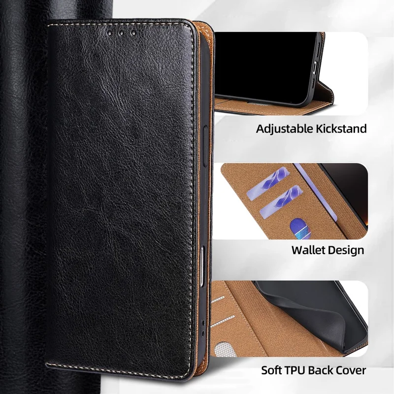 For Google Pixel 10 Pro XL Case Genuine Cow Leather Stand Mobile Phone Cover with RFID Blocking Wallet - Black