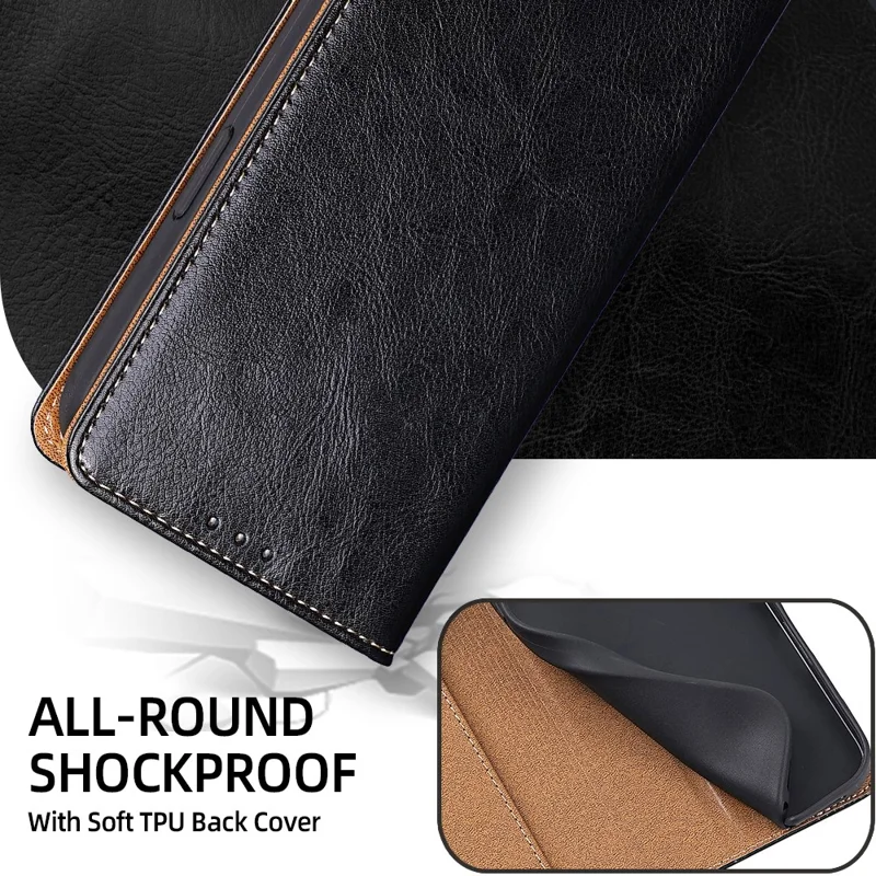 For Google Pixel 10 Pro XL Case Genuine Cow Leather Stand Mobile Phone Cover with RFID Blocking Wallet - Black