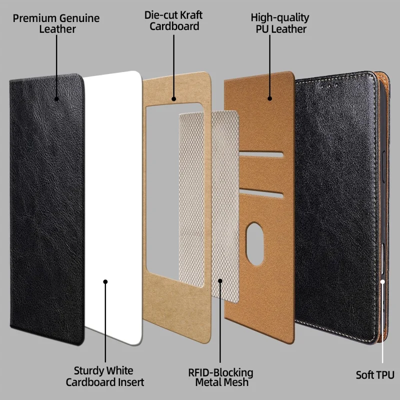 For Google Pixel 10 Case Genuine Cow Leather Stand Mobile Phone Cover with RFID Blocking Wallet - Black