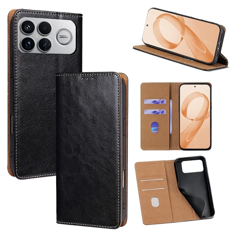 For Xiaomi Poco F8 Ultra / Redmi K90 Pro Max 5G Case Genuine Cow Leather Stand Mobile Phone Cover with RFID Blocking Wallet - Black