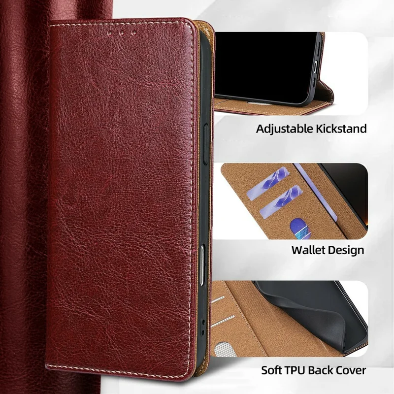 For iPhone 18 Pro / 17 Pro Case Genuine Cow Leather Stand Mobile Phone Cover with RFID Blocking Wallet - Red