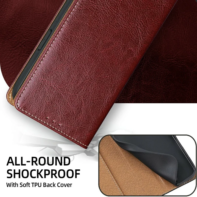 For iPhone 18 Pro / 17 Pro Case Genuine Cow Leather Stand Mobile Phone Cover with RFID Blocking Wallet - Red