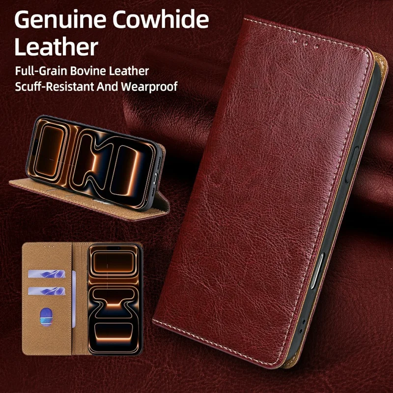 For iPhone 18 Pro Max / 17 Pro Max Case Genuine Cow Leather Stand Mobile Phone Cover with RFID Blocking Wallet - Red