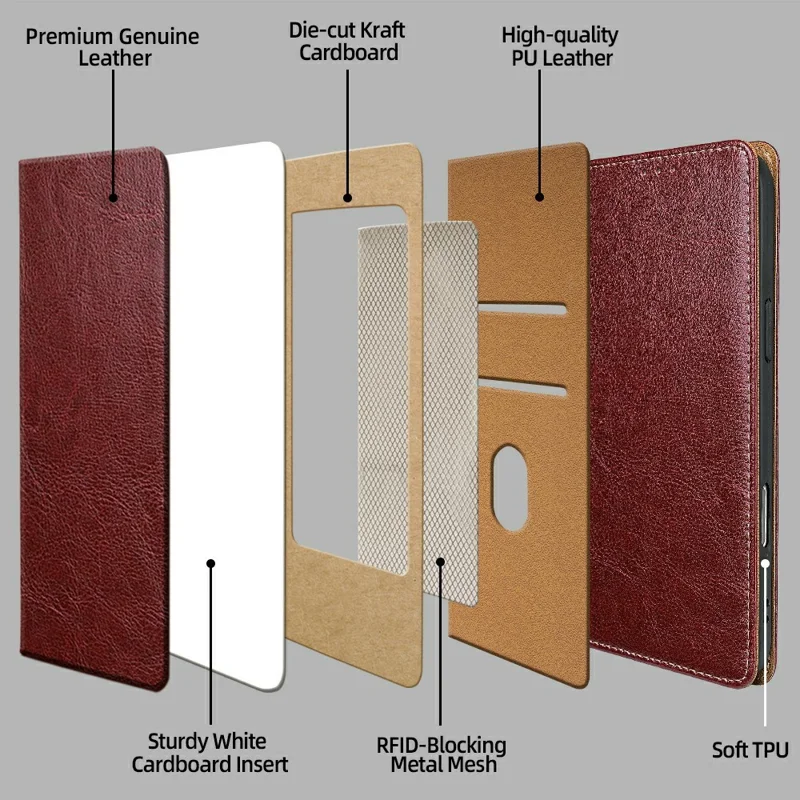 For iPhone 18 Pro Max / 17 Pro Max Case Genuine Cow Leather Stand Mobile Phone Cover with RFID Blocking Wallet - Red