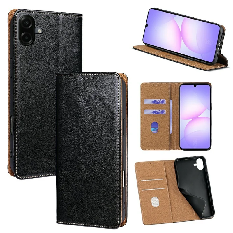 For Samsung Galaxy A07 4G Case Genuine Cow Leather Stand Mobile Phone Cover with RFID Blocking Wallet - Black