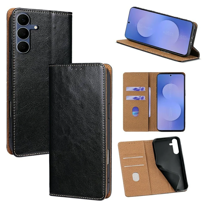 Capa de Telemóvel em Pele Genuína de Vaca para Samsung Galaxy S25 FE com Suporte e Carteira com Proteção RFID - Preto