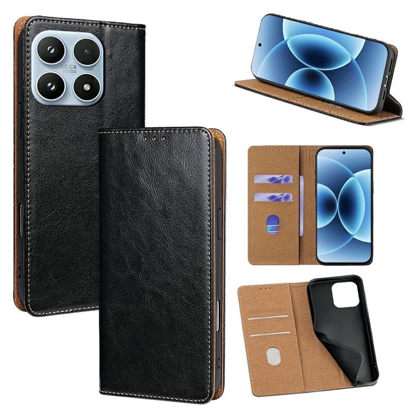 For Xiaomi 17 Case Genuine Cow Leather Stand Mobile Phone Cover with RFID Blocking Wallet - Black