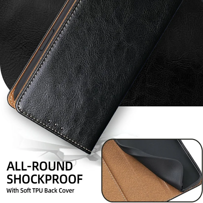 For Xiaomi 17 Case Genuine Cow Leather Stand Mobile Phone Cover with RFID Blocking Wallet - Black