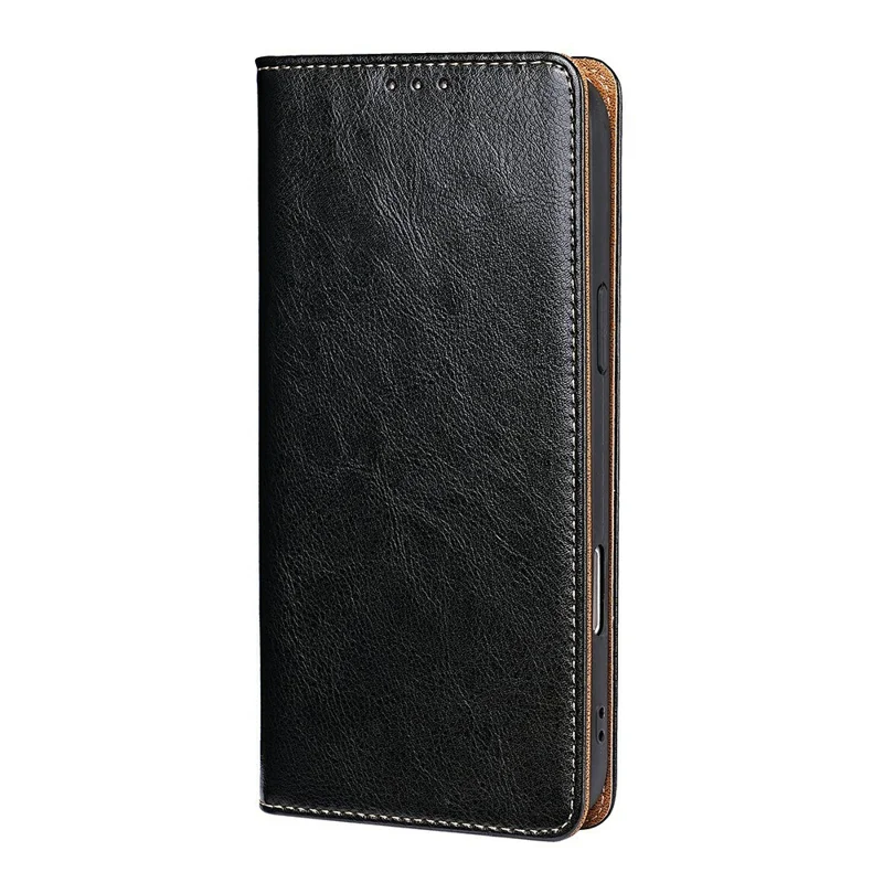 For Xiaomi 17 Case Genuine Cow Leather Stand Mobile Phone Cover with RFID Blocking Wallet - Black