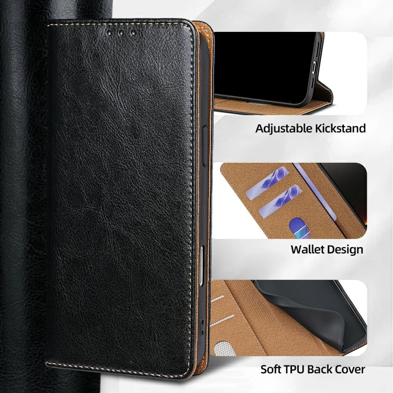 For Xiaomi 17 Pro Case Genuine Cow Leather Stand Mobile Phone Cover with RFID Blocking Wallet - Black