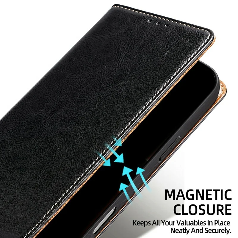 For Xiaomi 17 Pro Case Genuine Cow Leather Stand Mobile Phone Cover with RFID Blocking Wallet - Black