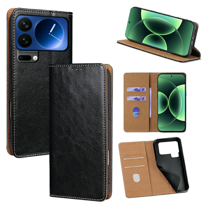 For Xiaomi 17 Pro Max Case Genuine Cow Leather Stand Mobile Phone Cover with RFID Blocking Wallet - Black