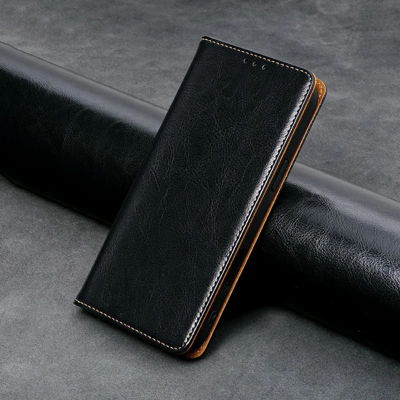 For Xiaomi 17 Pro Max Case Genuine Cow Leather Stand Mobile Phone Cover with RFID Blocking Wallet - Black