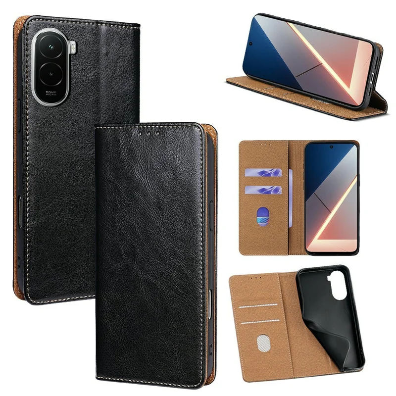 Voor Xiaomi Poco M7 4G (169 mm) hoesje Echt lederen hoesje met standaard en portemonnee met RFID-blokkering - Zwart