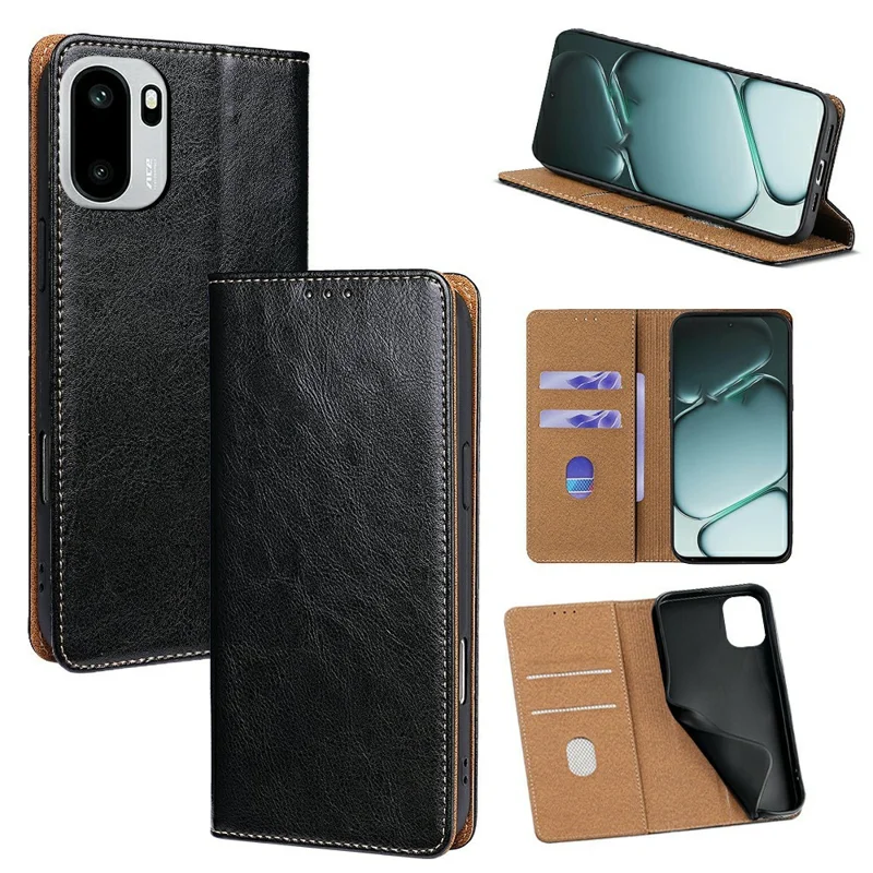 For OnePlus Ace 6 5G Case Genuine Cow Leather Stand Mobile Phone Cover with RFID Blocking Wallet - Black