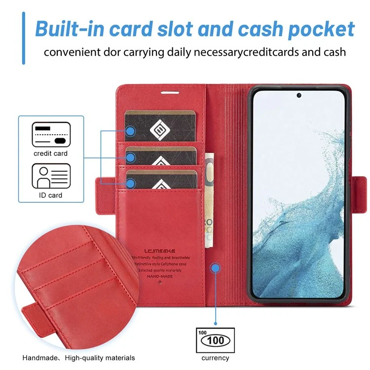 LC.IMEEKE para Samsung Galaxy S23+ Funda de teléfono con soporte de tarjeta de cuero sintético de doble cierre magnético, resistente a los golpes - Rojo