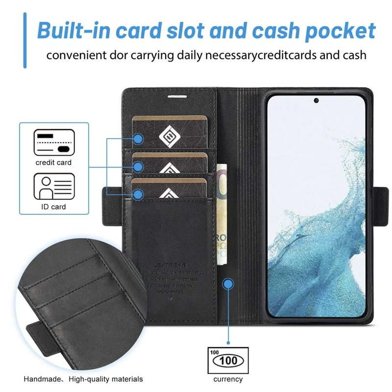 LC.IMEEKE for Samsung Galaxy S23+ PU Leather Dual Magnetic Clasp Phone Stand Case Wallet Shockproof Cover - Black