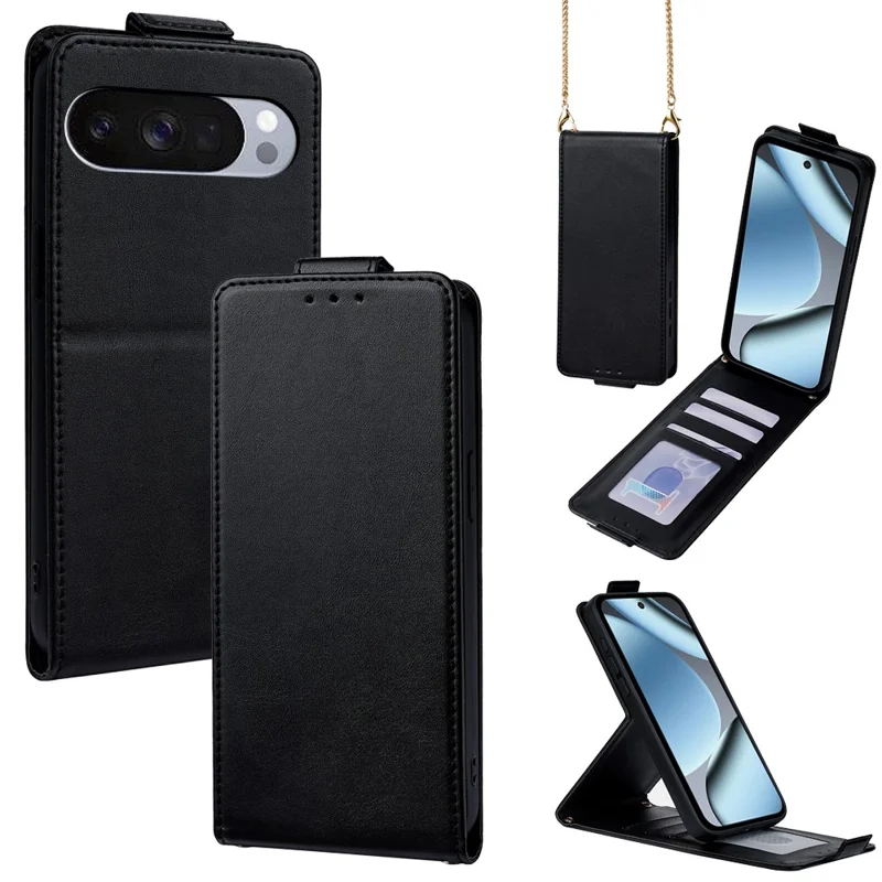 For Google Pixel 10 Pro XL Case Card Holder Vertical Flip Leather Phone Cover with Crossbody Shoulder Strap - Black