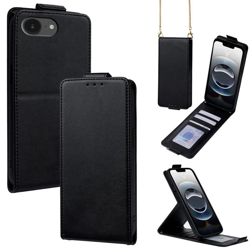Funda para iPhone 16e con soporte vertical, cartera y correa transversal de cuero - Negro