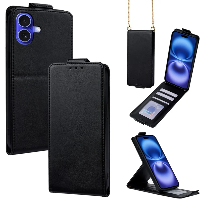 Coque pour iPhone 16, étui en cuir vertical à rabat avec porte-cartes et sangle bandoulière - Noir