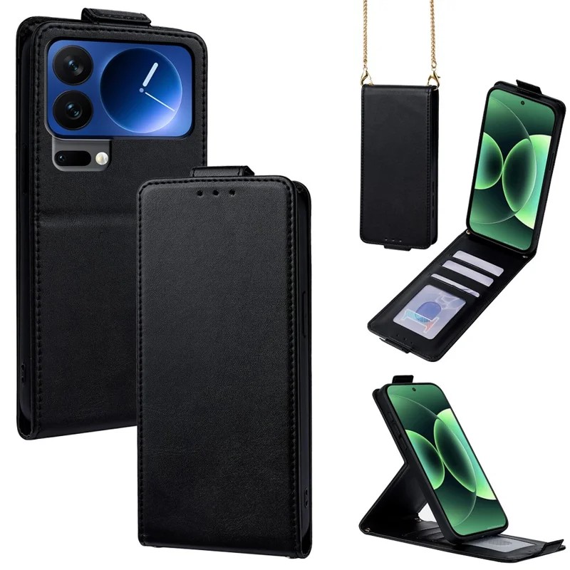 For Xiaomi 17 Pro Case Card Holder Vertical Flip Leather Phone Cover with Crossbody Shoulder Strap - Black