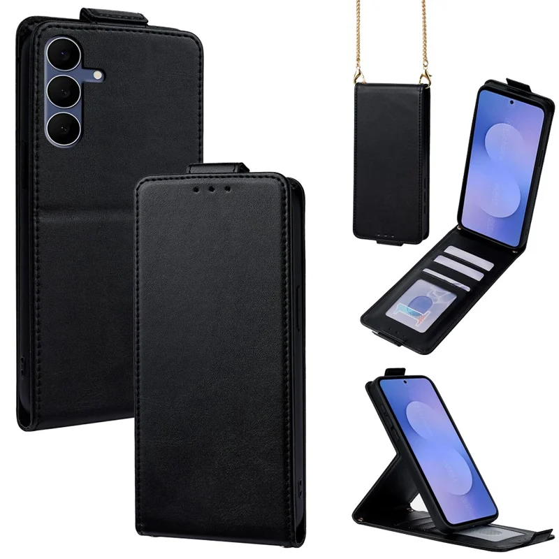 For Samsung Galaxy S25 FE Case Card Holder Vertical Flip Leather Phone Cover with Crossbody Shoulder Strap - Black