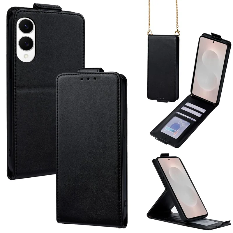 For Samsung Galaxy S25 Edge Case Card Holder Vertical Flip Leather Phone Cover with Crossbody Shoulder Strap - Black
