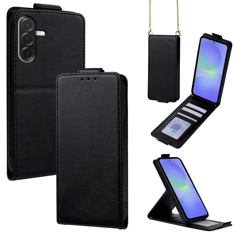 For Samsung Galaxy A36 5G Case Card Holder Vertical Flip Leather Phone Cover with Crossbody Shoulder Strap - Black