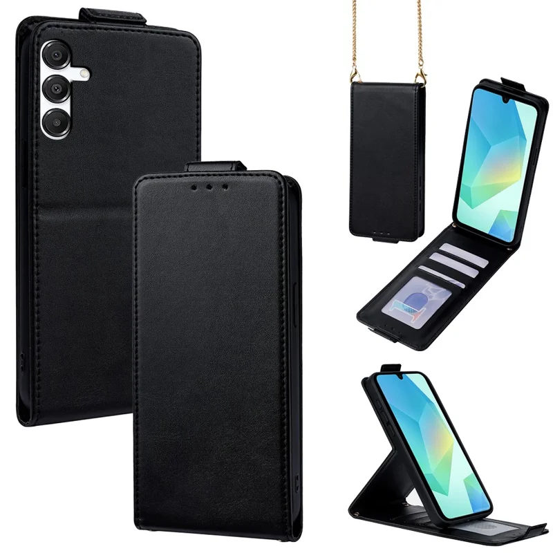 For Samsung Galaxy A16 5G / A16 4G Case Card Holder Vertical Flip Leather Phone Cover with Crossbody Shoulder Strap - Black