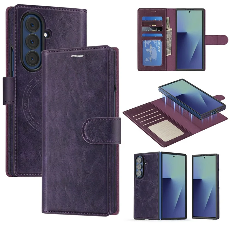 For Samsung Galaxy Z Fold7 5G Magnetic Leather Case RFID Blocking Wallet Detachable Phone Cover - Dark Purple